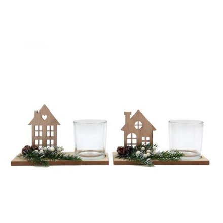 Wooden House W/t-light Holder & Foliage 2/a