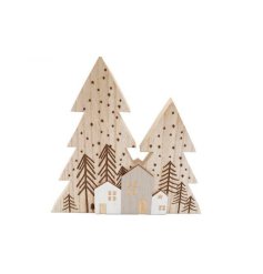 Wooden Xmas Houses W/trees 24cm