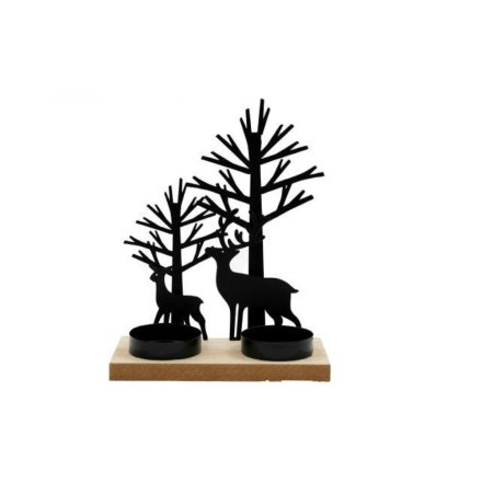 15x19cm Black Reindeer & Tree T-Light Holder
