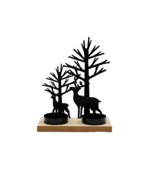 15x19cm Black Reindeer & Tree T-Light Holder