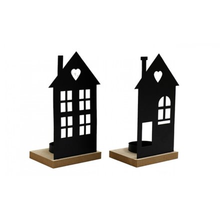 19cm Black Candle Holder Houses 2/a