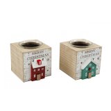 Wooden House T-Light Holder 8cm 2 Assorted 