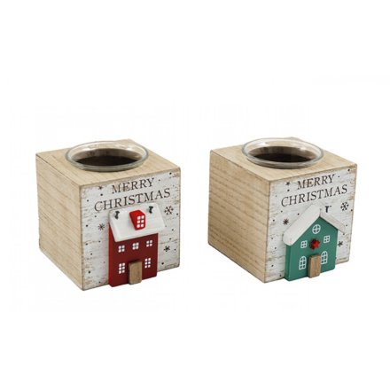 Wooden House T-Light Holder 8cm 2 Assorted 