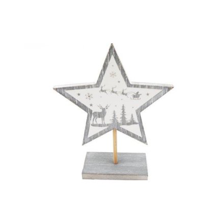 Silver Star on Stand Decoration, 20cm Wooden 
