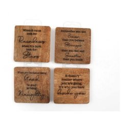 4 assorted mango wooden coasters, each decorated with a shabby chic saying.