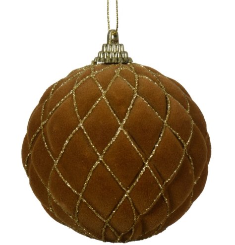Plastic Bauble in Brown with Gold Check Design, 8cm