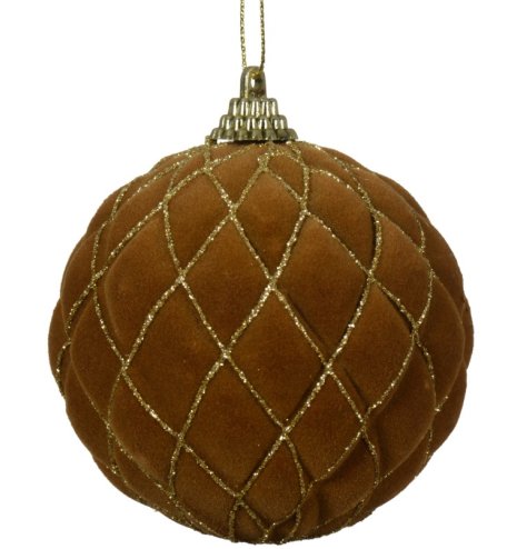 Eye-catching plastic hanging ornament in brown/gold glitter.