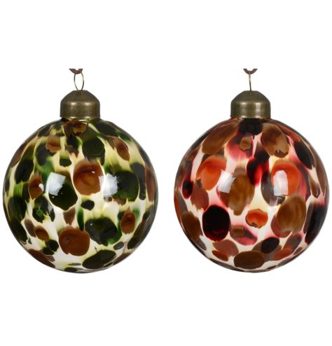 2/a Glass Clear Baubles w/ Green & Red Detail