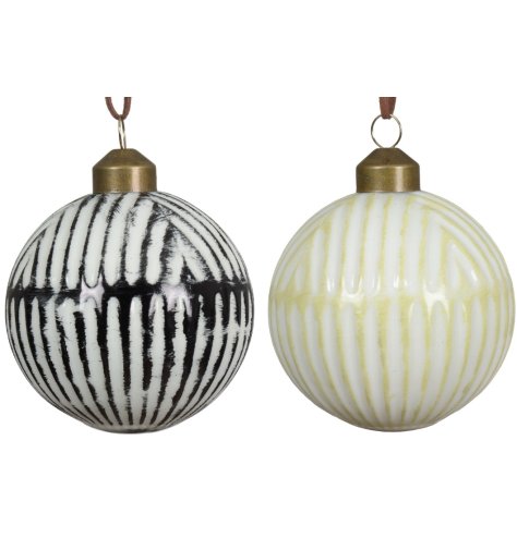 Ribbed Glass Baubles In Yellow & Black 2/a