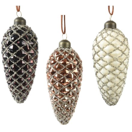 Glass Glitter Pinecone Baubles 3/a