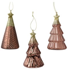Pink Xmas Tree Hangers w/ Gold Glitter 3/a 