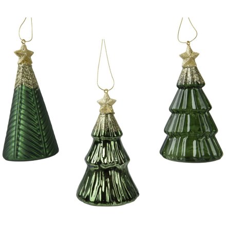 Green Xmas Tree Hangers w/Gold Glitter 3/a