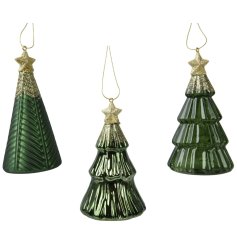 3/a Green Christmas Tree Hangers w/Gold Glitter 