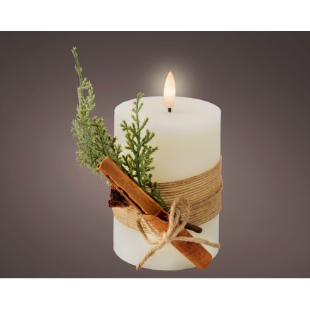 LED Wax Candle w/ Foliage & Cinnamon Stick