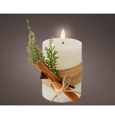 LED Wax Candle w/ Foliage & Cinnamon Stick