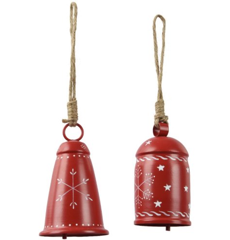 2/A Snowflake Design Red Hanging Bells, 7.5cm