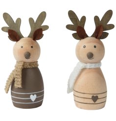A cute standing reindeer deco adorned with a heart and scarf