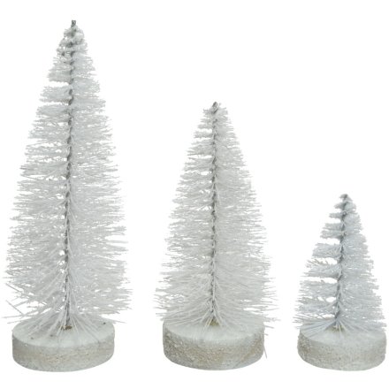 Set of 3 White Glitter Brush Tree Deco