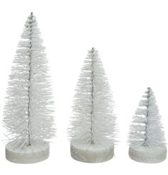 Set of 3 Indoor White Glitter Brush Tree Deco