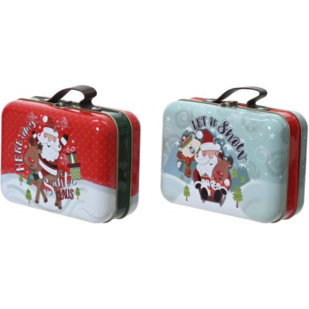 2/A Printed Santa Storage Tin with Leather Carry Handle, 18.5cm