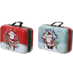 2/A Printed Santa Storage Tin with Leather Carry Handle, 18.5cm