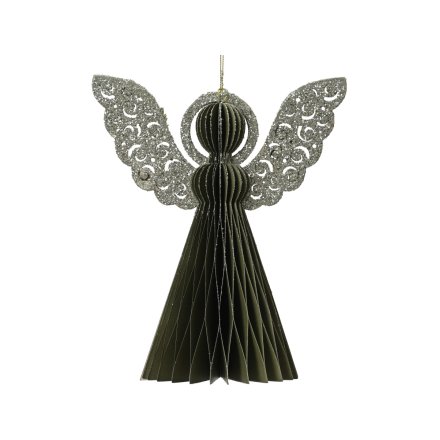 Small Green Champagne Painted Edge Paper Angel Deco, 8cm