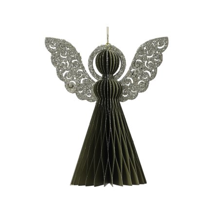 Med Green Champagne Painted Edge Paper Angel Deco, 15cm