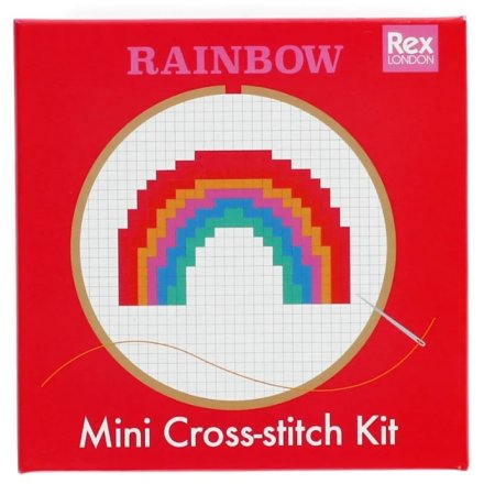 A rainbow cross stitch kit, perfect for teaching young cross stitchers how to create a rainbow.