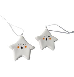 White Star with Face Tree Decoration, 7.6cm