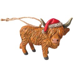 Highland Cow with Xmas Hat Tree Decoration, 9cm