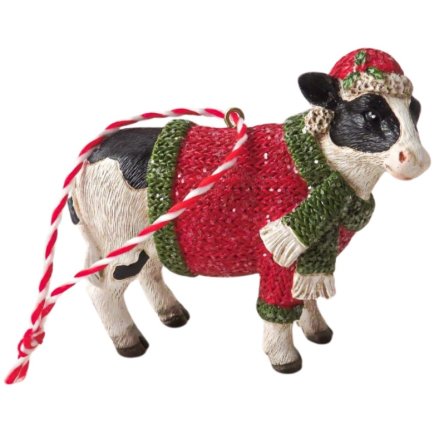 Cow with Christmas Jumper Tree Deco, 8.5cm