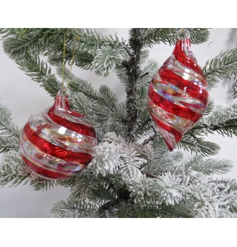 2/A Hanging Red Swirl Design Glass Tree Bauble, 8cm