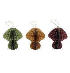 An assortment of 3 rustic coloured mushroom decorations, each with a textured paper design. 