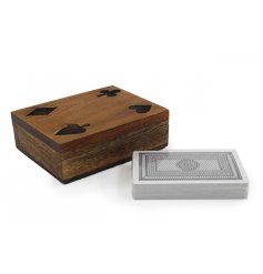 A wooden box with a simple black card print, ideal for both displaying and keeping safe a traditional deck of cards.