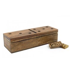 A natural wooden box for dominos, ideal for both storing and showcasing this popular game.