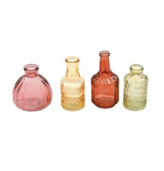 A beautiful set of 4 colourful posy vases. Each one has a different pattern moulded into the glass.