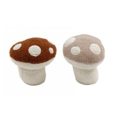 An assortment2 charming mushroom design doorstops in beige and brown colours. A unique gift item and interior accessory.