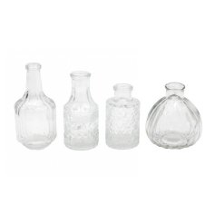 Light up any space with this beautiful set of four patterned glass posy vases 