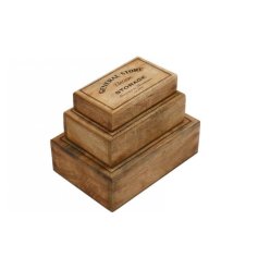 A set of 3 vintage style mango wooden storage boxes featuring our general store storage print on the top of the boxes. 