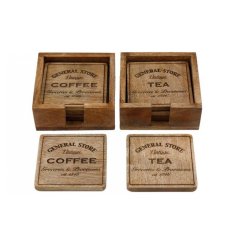 A set of 4 general store coasters each with a vintage graphic etched into the wood