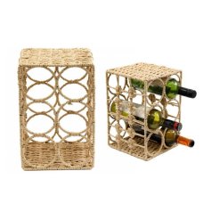 A wine rack, artfully crafted from rattan and showcasing six display slots