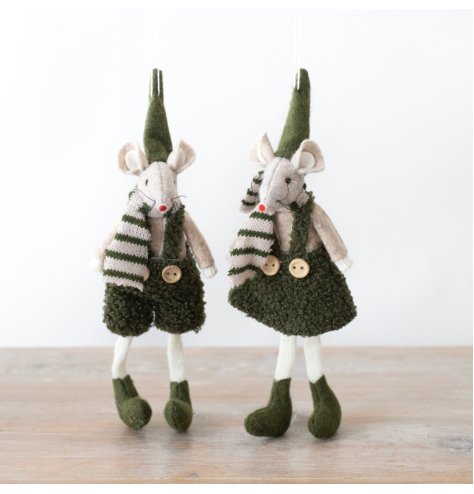 A Christmas assortment of 2 hanging mice dressed in green  with added button detailing. 