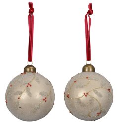 2/A Glass Holly Hanging Bauble, 8cm