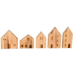 Set of 5 Wood House Ornament, 11cm