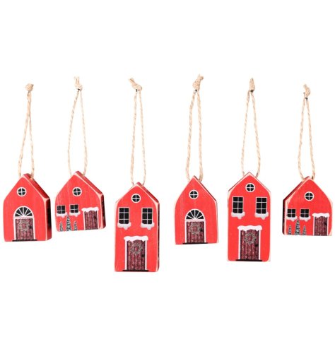 Red Set of 6 Hanging House Tree Deco, 6cm