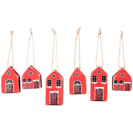 Red Set of 6 Hanging House Tree Deco, 6cm