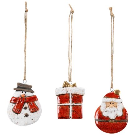 Glazed Xmas Decorations - Snowman/ Santa/ Present, 7.5cm