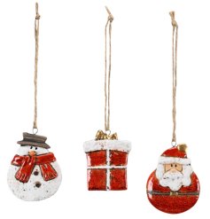 Glazed Xmas Decorations - Snowman/ Santa/ Present, 7.5cm