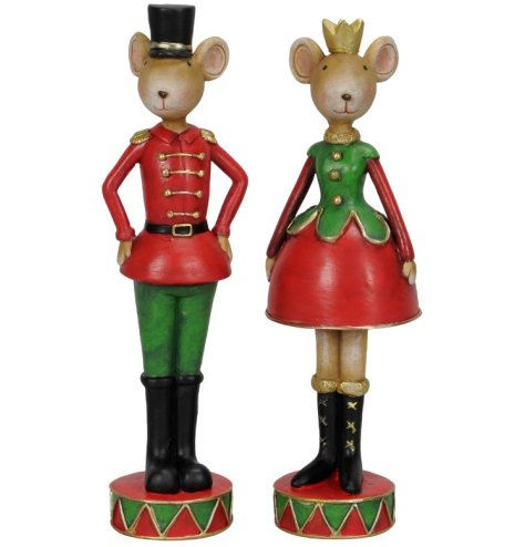 Whimsy and adorable, this assortment of 2 nutcracker style mice are the epitome of a traditional Christmas