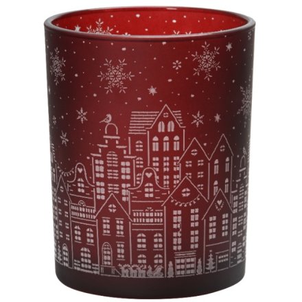Candle Holder with Christmas Scene, 12cm